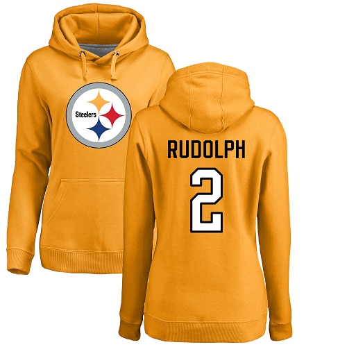 Women Pittsburgh Steelers Football #2 Gold Mason Rudolph Name and Number Logo Pullover NFL Hoodie Sweatshirts